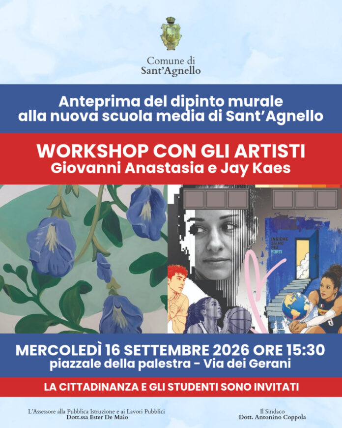 Locandina che annuncia l'anteprima del dipinto murale alla nuova scuola media di Sant'Agnello con workshop degli artisti Giovanni Anastasia e Jay Kaes il 16 settembre 2026.