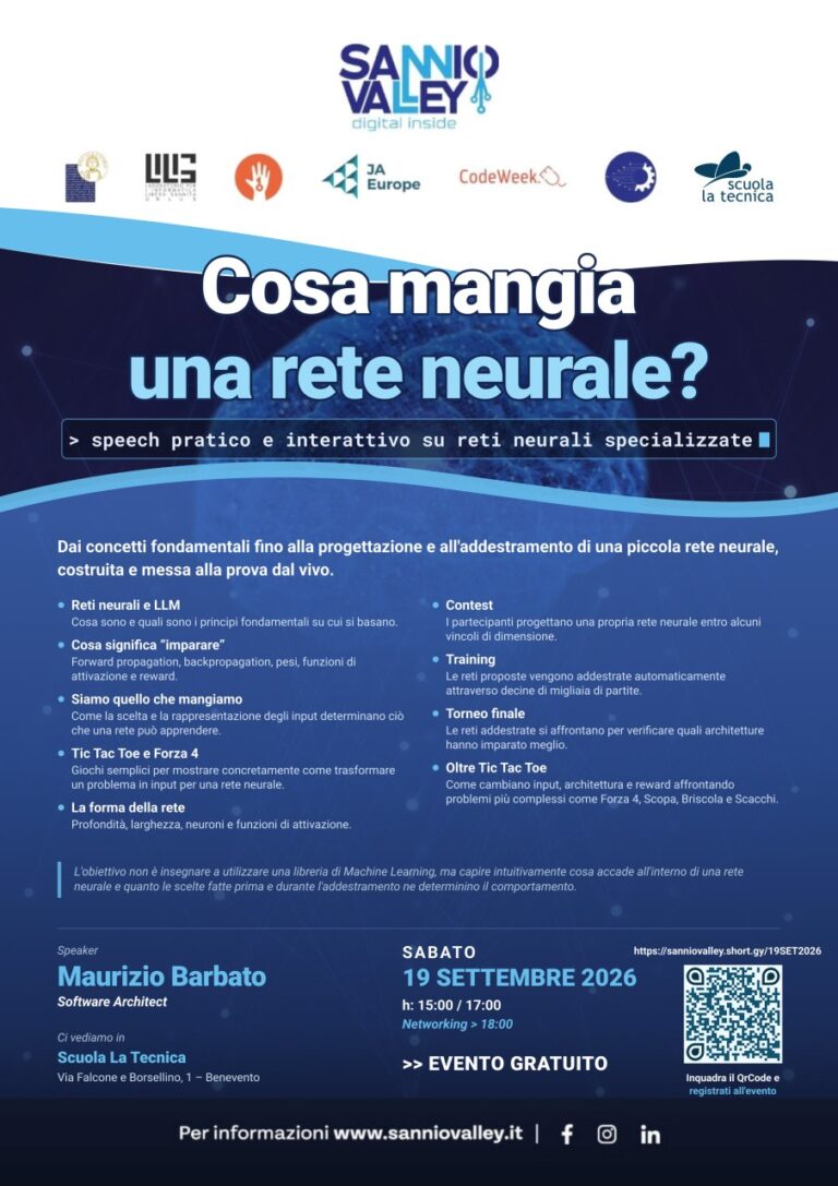 Sannio Valley Masterclass sulle reti neurali il 19 settembre a Benevento