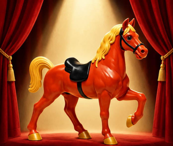 Locandina celebrativa per i 100 anni di Riccardo Pazzaglia con ritratto e cavalluccio rosso su sfondo teatrale.