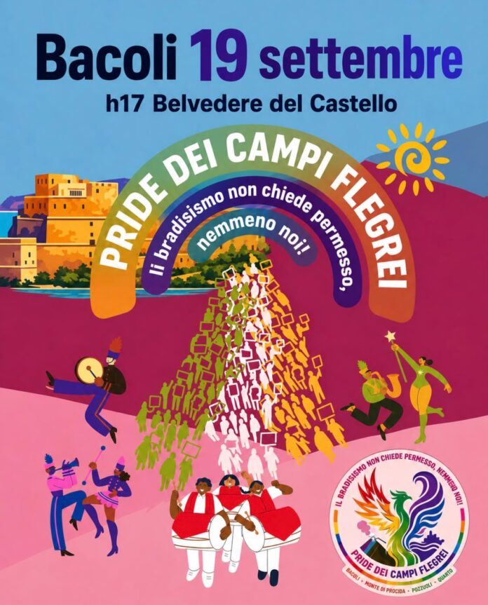 Mappa del percorso del corteo del Pride dei Campi Flegrei 2026 a Bacoli e locandina colorata con annuncio dell'evento il 19 settembre al Belvedere del Castello di Baia.