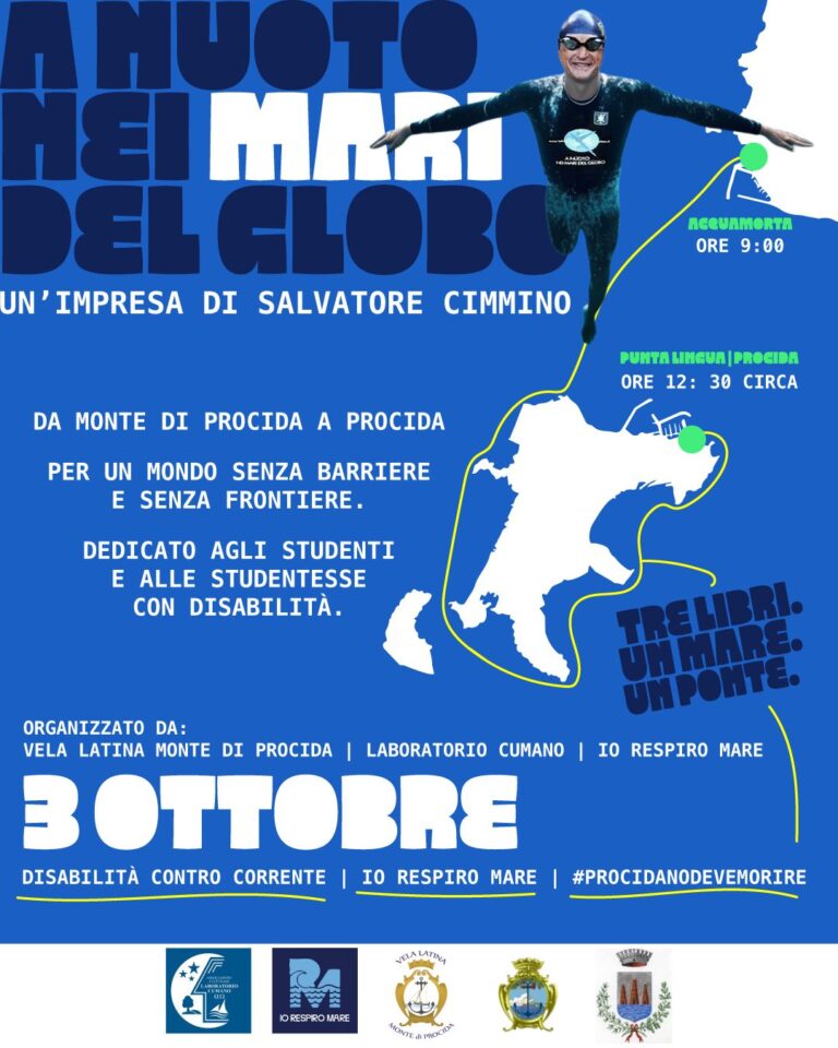 Salvatore Cimmino nuota da Monte di Procida a Procida per studenti con disabilità