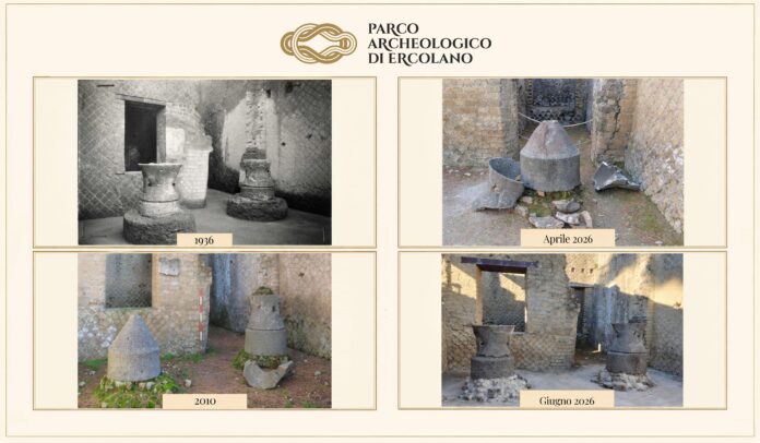 Quattro fotografie disposte in due righe che mostrano le macine e il forno del panificio antico di Ercolano in diverse epoche, evidenziando i lavori di restauro.