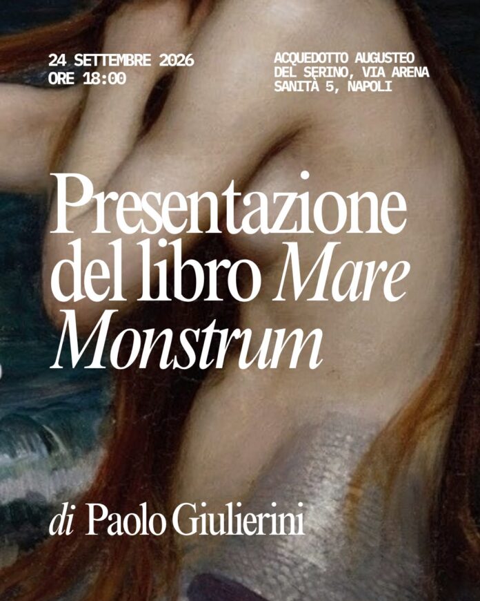 Locandina con particolare di un dipinto di figure marine e testo con dettagli dell'evento di presentazione del libro 'Mare Monstrum' di Paolo Giulierini