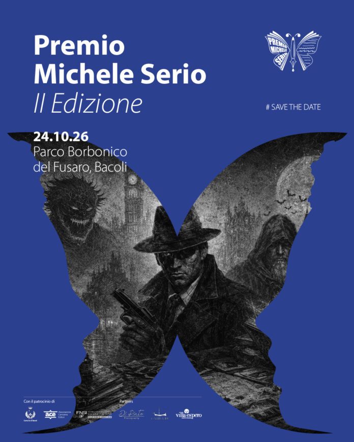 Immagine illustrativa della locandina del Premio Michele Serio 2026 con tema noir e grottesco, sullo sfondo sagoma di farfalla.