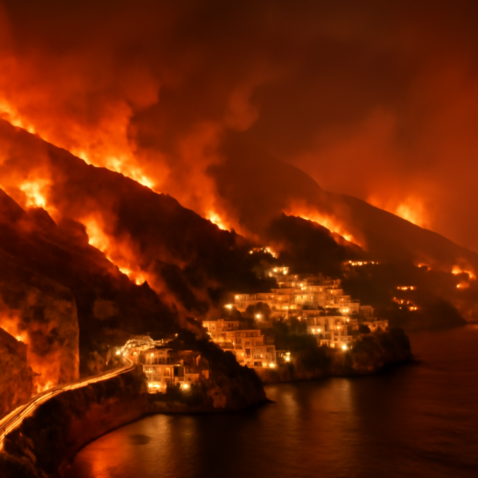 Immagine generata con intelligenza artificiale, a tema: fiamme costiera amalfitana diversi vasti fronti fuoco