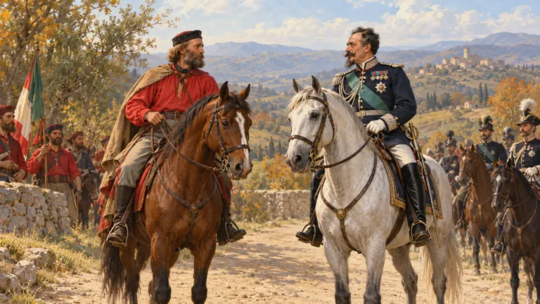 L'Almanacco della Campania Ricostruzione illustrata dell’incontro tra Garibaldi e Vittorio Emanuele II a cavallo, con i rispettivi seguiti nella campagna.