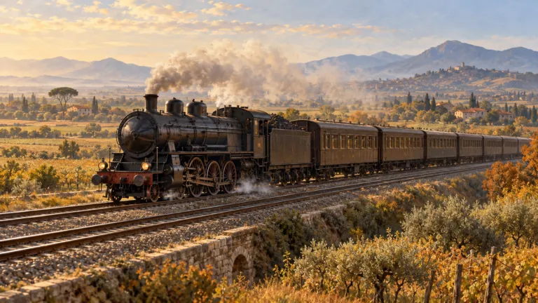 Illustrazione di un treno a vapore con carrozze d’epoca lungo una ferrovia, tra campi coltivati e colline in un paesaggio autunnale.