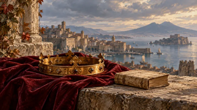Illustrazione simbolica di una corona su un drappo rosso, accanto a un libro, con una città medievale affacciata sul mare sullo sfondo.