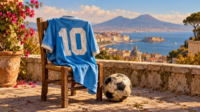 Illustrazione di una maglia azzurra con il numero 10 su una sedia, accanto a un pallone, con il golfo di Napoli e il Vesuvio sullo sfondo.