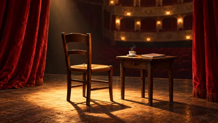 Omaggio illustrato al teatro di Eduardo De Filippo. Immagine generata con intelligenza artificiale; non riproduce un allestimento originale o oggetti appartenuti all’artista.