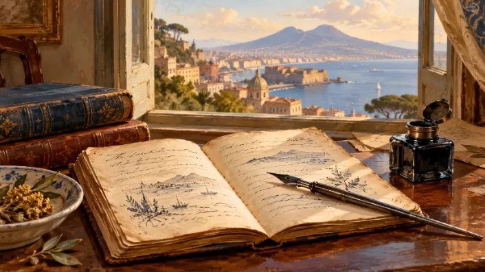 Illustrazione di un quaderno aperto, libri, pennino e calamaio su una scrivania, con il golfo di Napoli e il Vesuvio sullo sfondo.