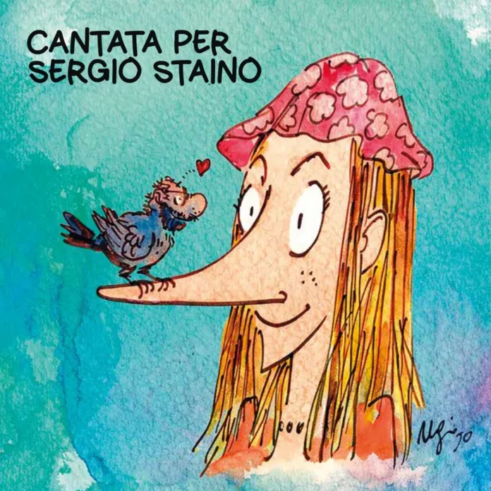 Disegno illustrativo originale di Sergio Staino raffigurante una donna con un grande naso e un uccellino sulla mano, tutto in stile colorato e artistico.