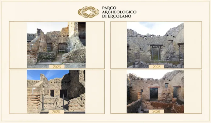 Vista dell'area archeologica della Bottega di Priapo a Ercolano con strutture antiche in pietra e resti di murature.