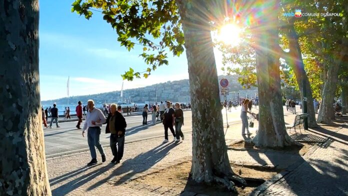 Persone che passeggiano e siedono tra gli alberi sul lungomare di Napoli con vista sul mare e barche a vela in lontananza.