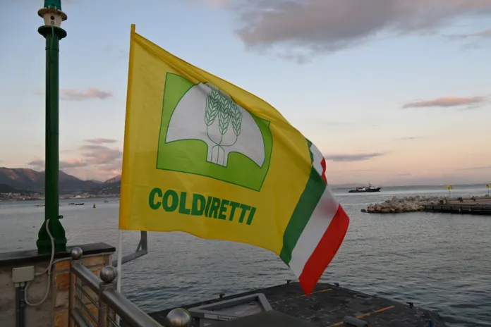 Una bandiera gialla Coldiretti sventola accanto al mare, al tramonto.