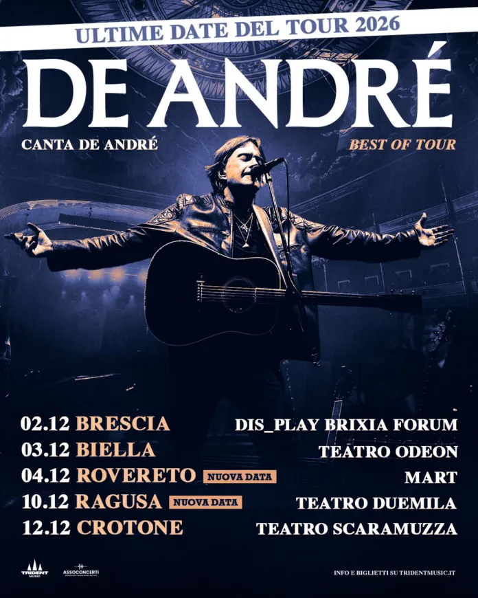 Immagine promozionale con testo delle date del tour, raffigurante un’artista con chitarra sul palco, e dettagli delle date e location del concerto a Ragusa, allegata al comunicato stampa.