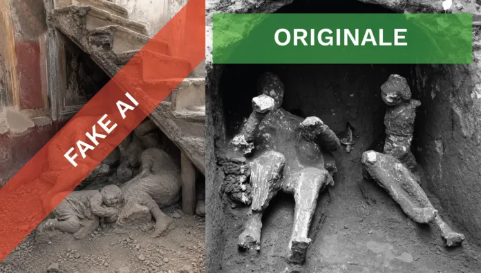 Confronto grafico: a sinistra una scena con la dicitura «Fake AI», a destra calchi fotografati in bianco e nero, con la dicitura «Originale».