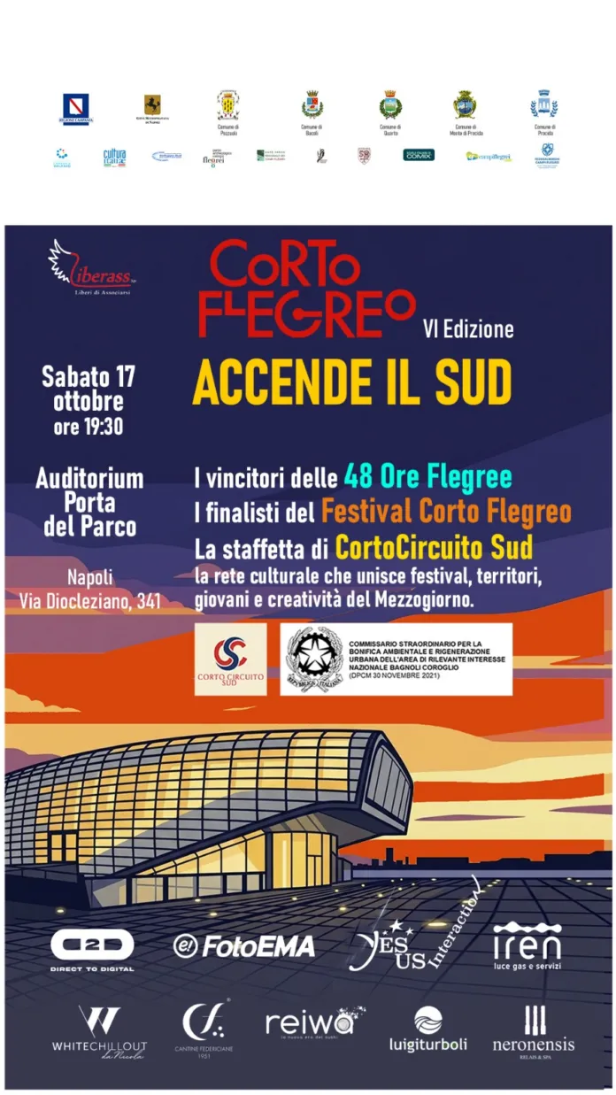 Locandina della VI edizione di Corto Flegreo – Accende il Sud con informazioni sull'evento e sponsor.