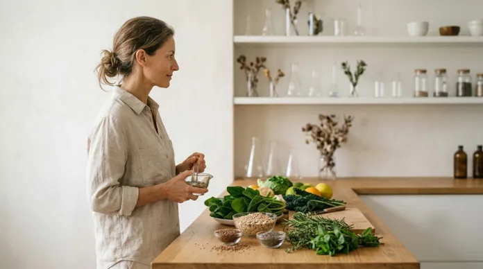 Una donna è in piedi accanto a un piano di cucina con verdure, ciotole e barattoli.