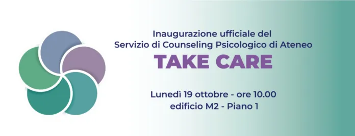 Logo Servizio di Counseling Psicologico Take Care dell'Università di Salerno con testo di presentazione evento inaugurazione.