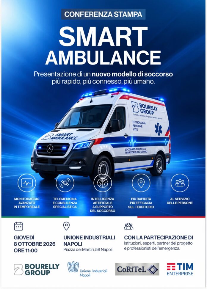 Ambulanza moderna con luci blu accese su sfondo blu, immagine promozionale del progetto Smart Ambulance.