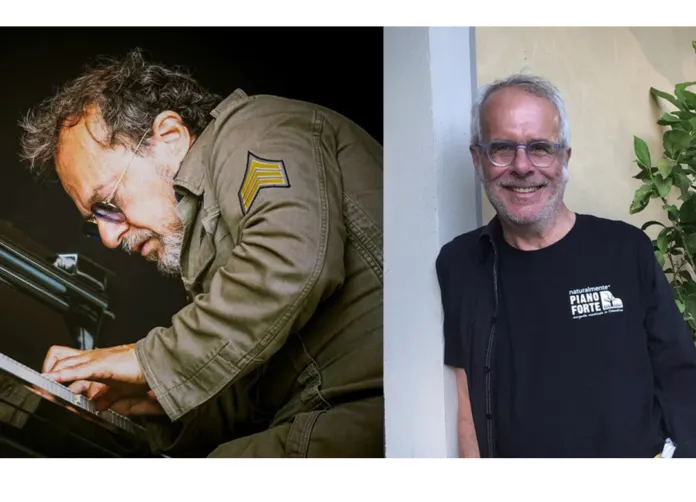 Immagine di archivio di due uomini, uno al pianoforte e l'altro con una maglietta, che rappresentano Fabrizio Grecchi e Enzo Gentile, protagonisti dello spettacolo 