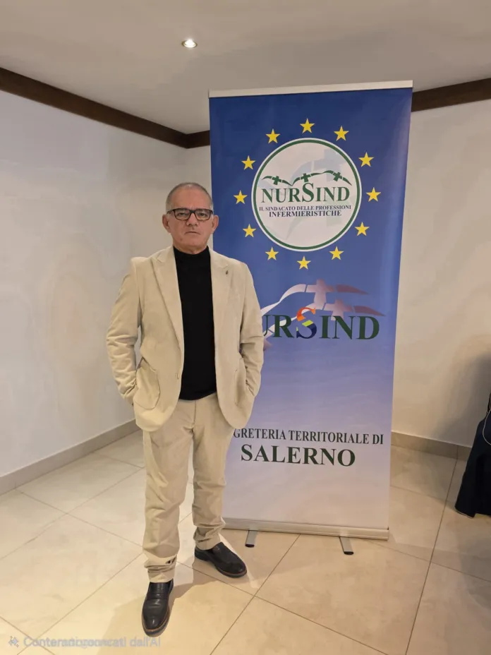 Un uomo in abito chiaro posa accanto a un banner del Nursind Salerno.