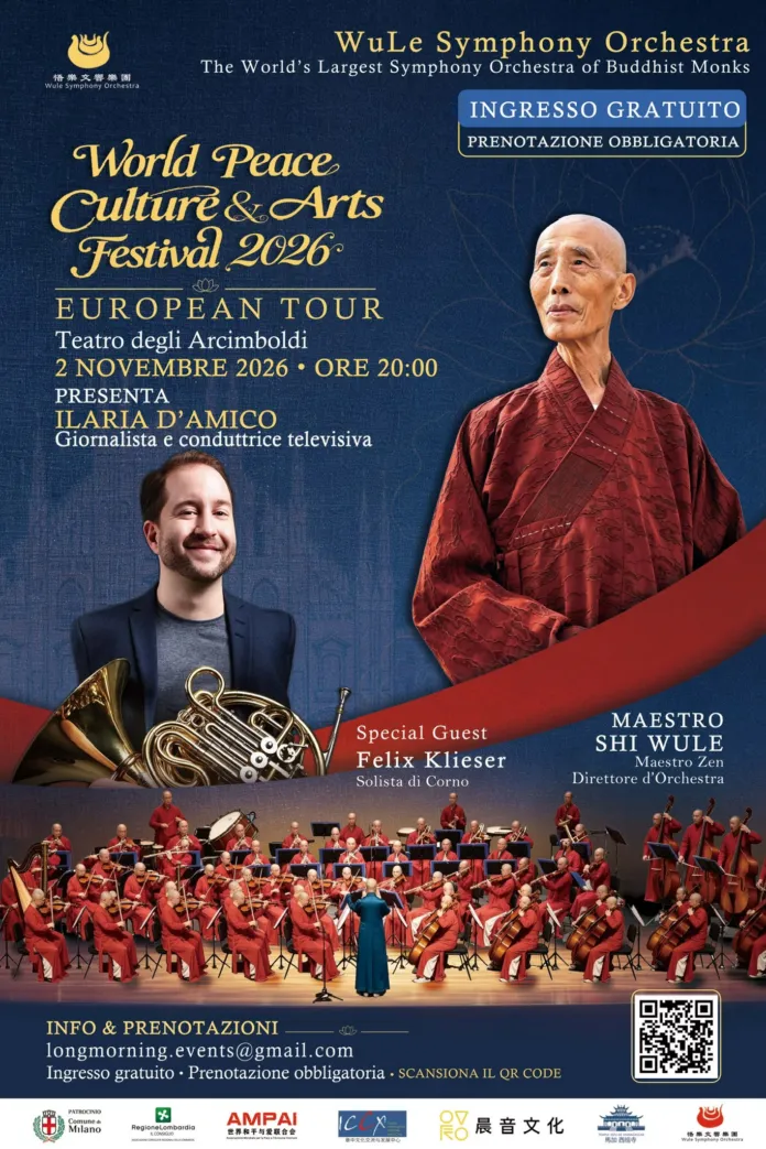 Manifesto del World Peace Culture & Arts Festival 2026 con immagini della WULE Symphony Orchestra, di monaci Chan e del Maestro Shi Wule.