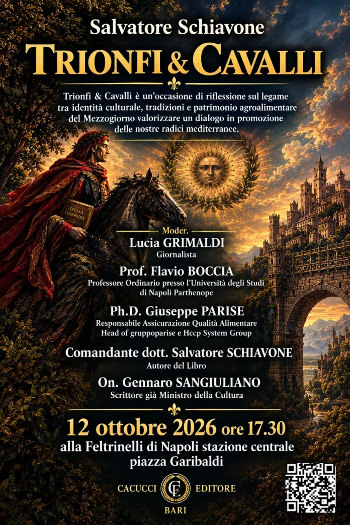 Locandina dell'evento con titolo Trionfi & Cavalli, nomi dei relatori e data del 12 ottobre 2026 alla Feltrinelli di Napoli.