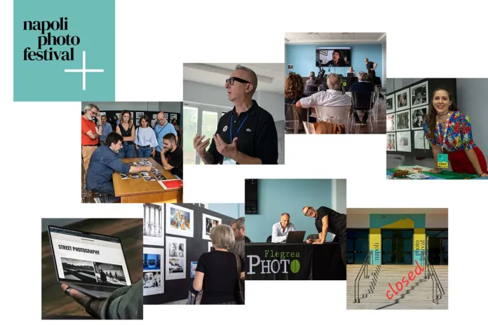 Collage di fotografie che mostrano diverse attività e partecipanti al Napoli PHOTO Festival, tra cui letture portfolio, esposizioni fotografiche e talk.