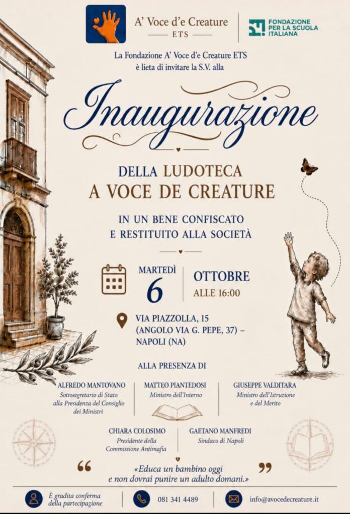 Locandina dell'inaugurazione della ludoteca 'A Voce de Creature' a Napoli, in un immobile confiscato alla criminalità organizzata.