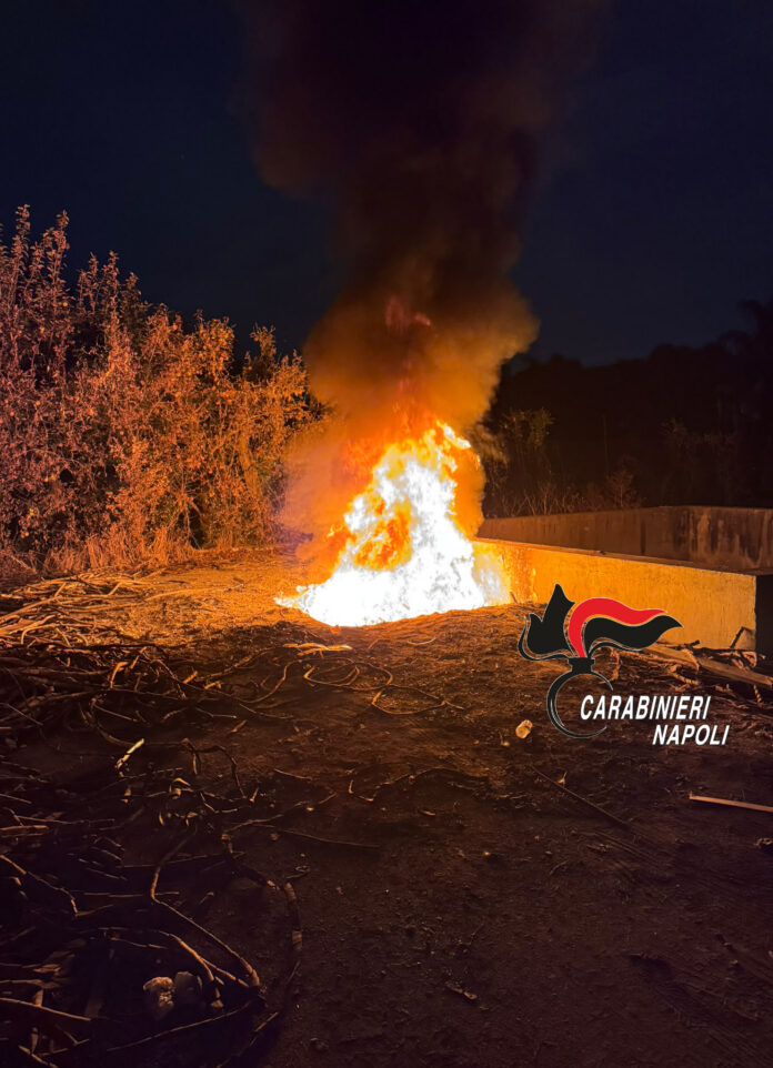 Fuoco acceso di plastica con fumo scuro di notte in un'area esterna con vegetazione intorno