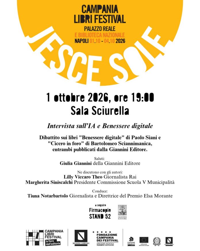 Locandina del Campania Libri Festival 2026 con programma eventi Giannini Editore e dettagli delle date e orari.