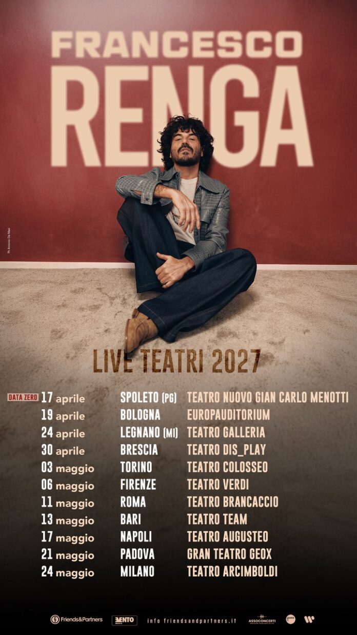 Locandina del tour Live Teatri 2027 di Francesco Renga con lista delle date e l'artista seduto a terra su sfondo rosso.