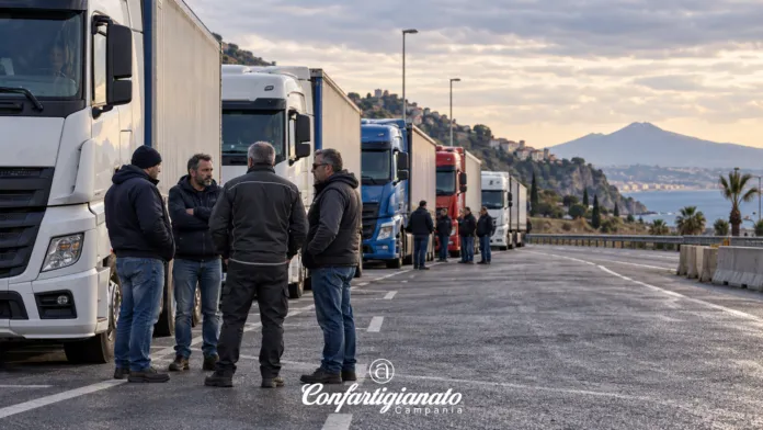 Autotrasportatori durante una manifestazione nel Mezzogiorno, con camion parcheggiati e persone che discutono, scenario simbolico delle difficoltà del settore.