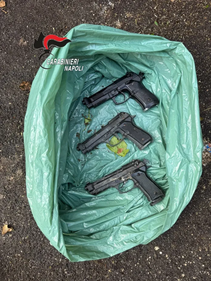 Tre pistole scure disposte in una busta di plastica verde, appoggiata su una superficie ruvida.